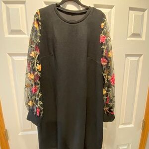 Women's Plus Size Floral Mesh Long Sleeve Dress Crewneck Elegant Office Tee Shi